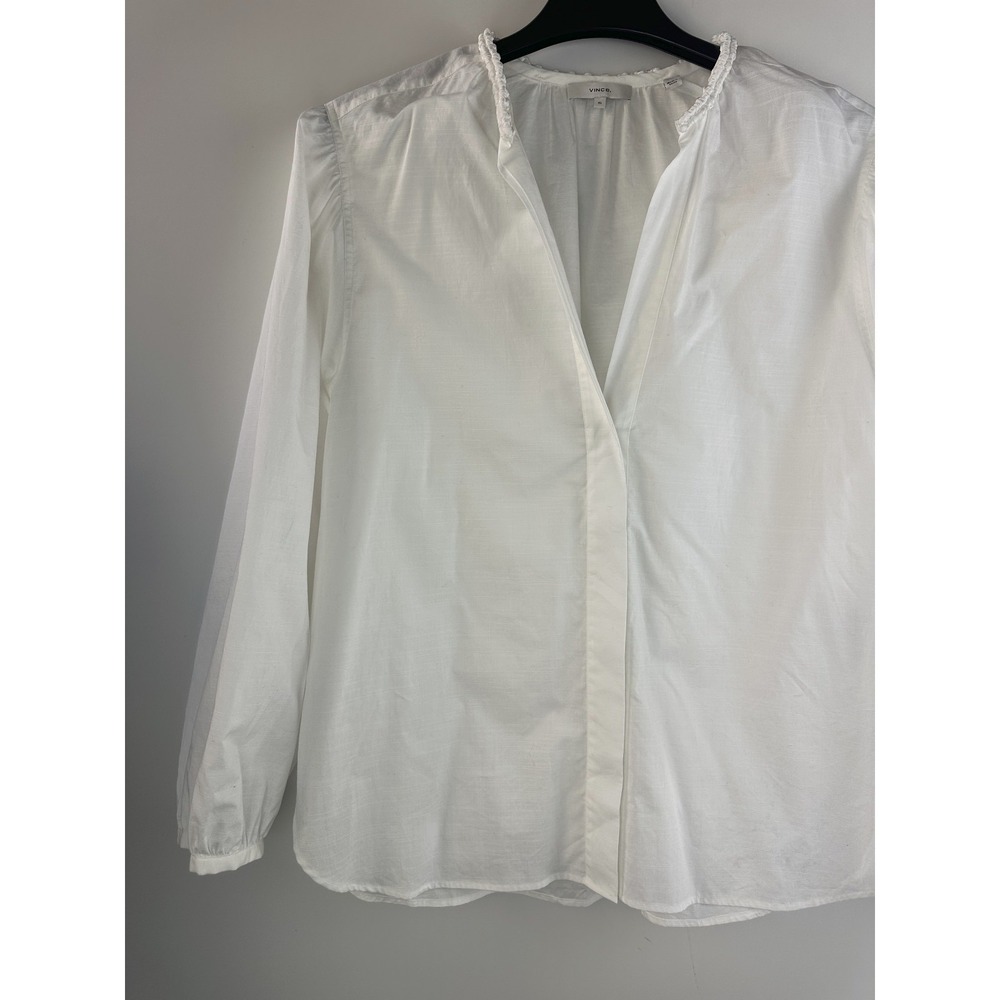 Vince Braid Trim Band Collar Blouse Button Top Deep V-Neck XL Minimalist Office - Picture 4 of 15